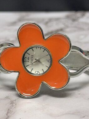 Geneva Watch Women Orange Flower Case Hinged Cuff Band New Battery 6.25"